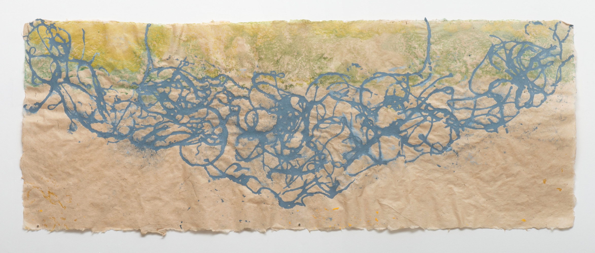 curvy blue lines crisscrossing tan colored paper