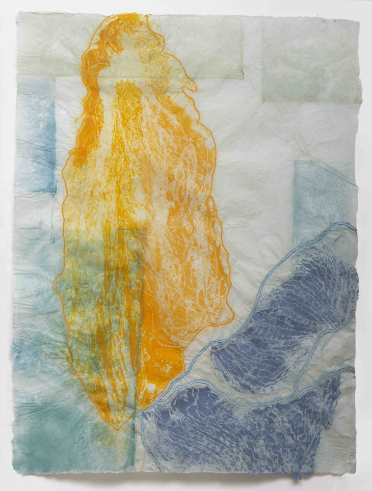 Handmade paper drawing with yellow floating form on blue background