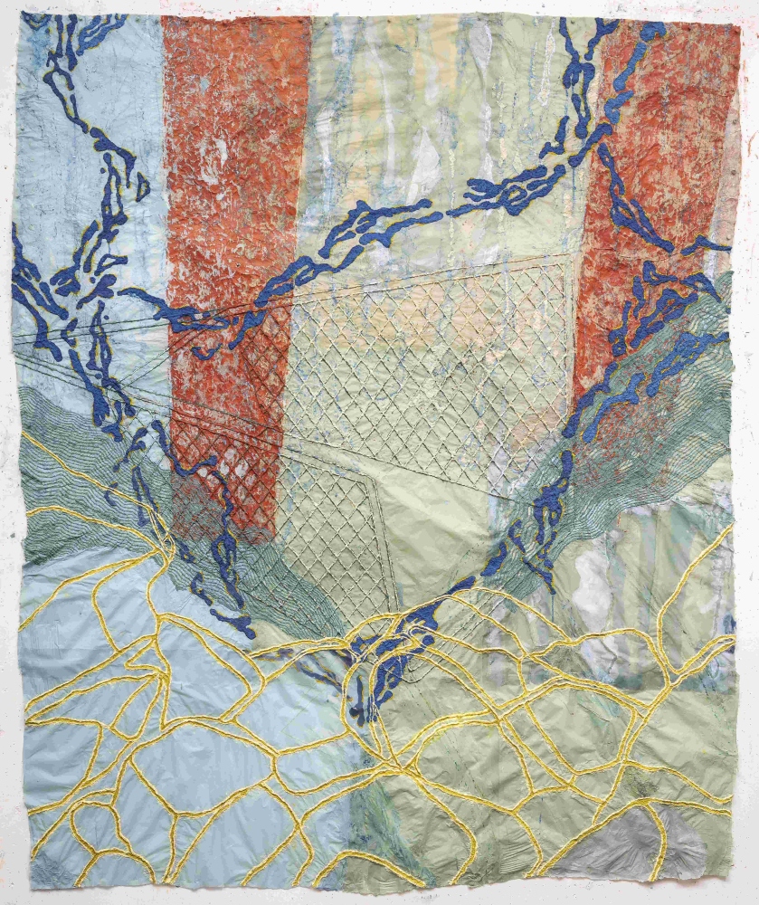 Handmade paper drawing of the view into a pond