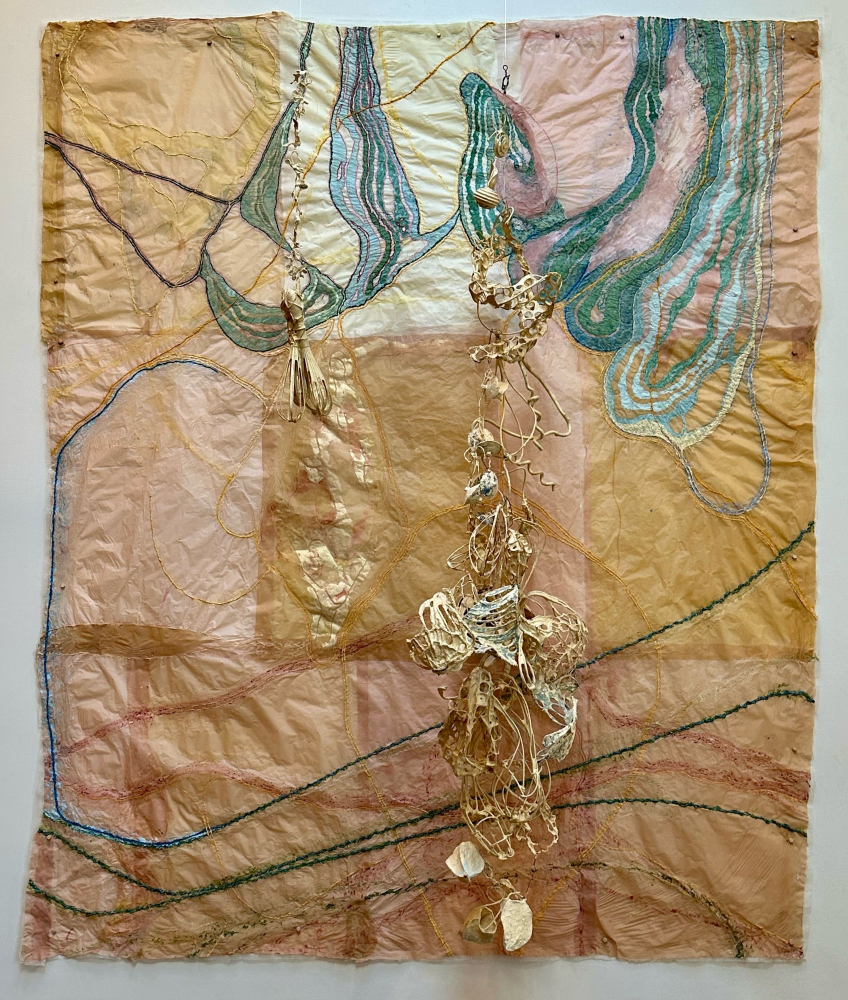 paper wall drawing in pinks and yellows