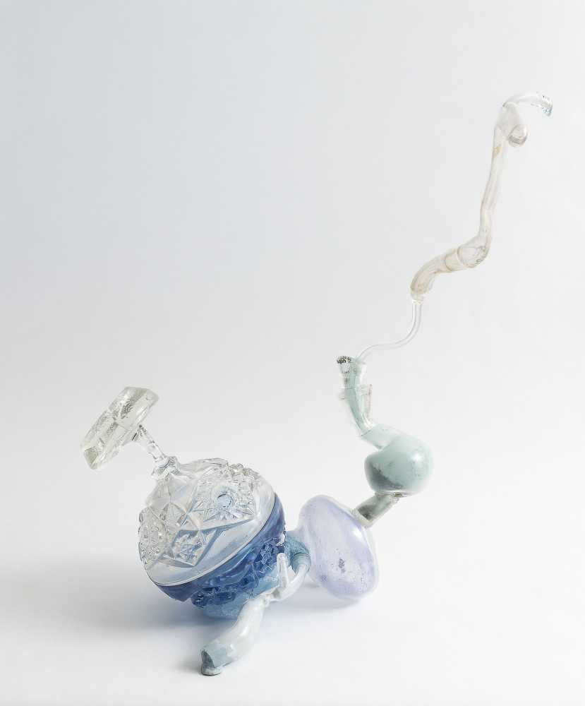 abstract glass pedestal sculpture of balancing bowls