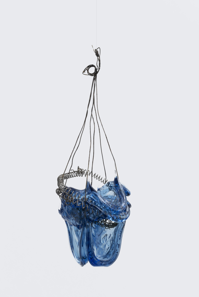 Suspended blue glass and wire sculpture